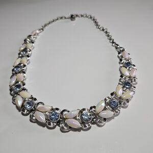BSK Vintage Silver Tone Blue Crystal Iridescent Bead Statement Bib Necklace